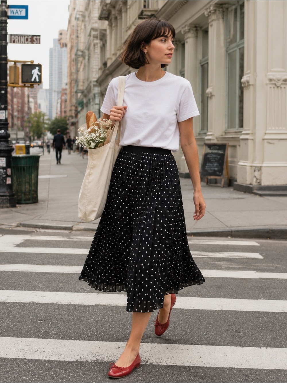 Pleated Black & White Polka Dot Midi Skirt Parisian Old Money Glam Classic Indie